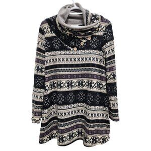 Mon‎ Ami Womens Fair Isle Tunic Top Medium Cream Black Button Cowl Neck BOHO